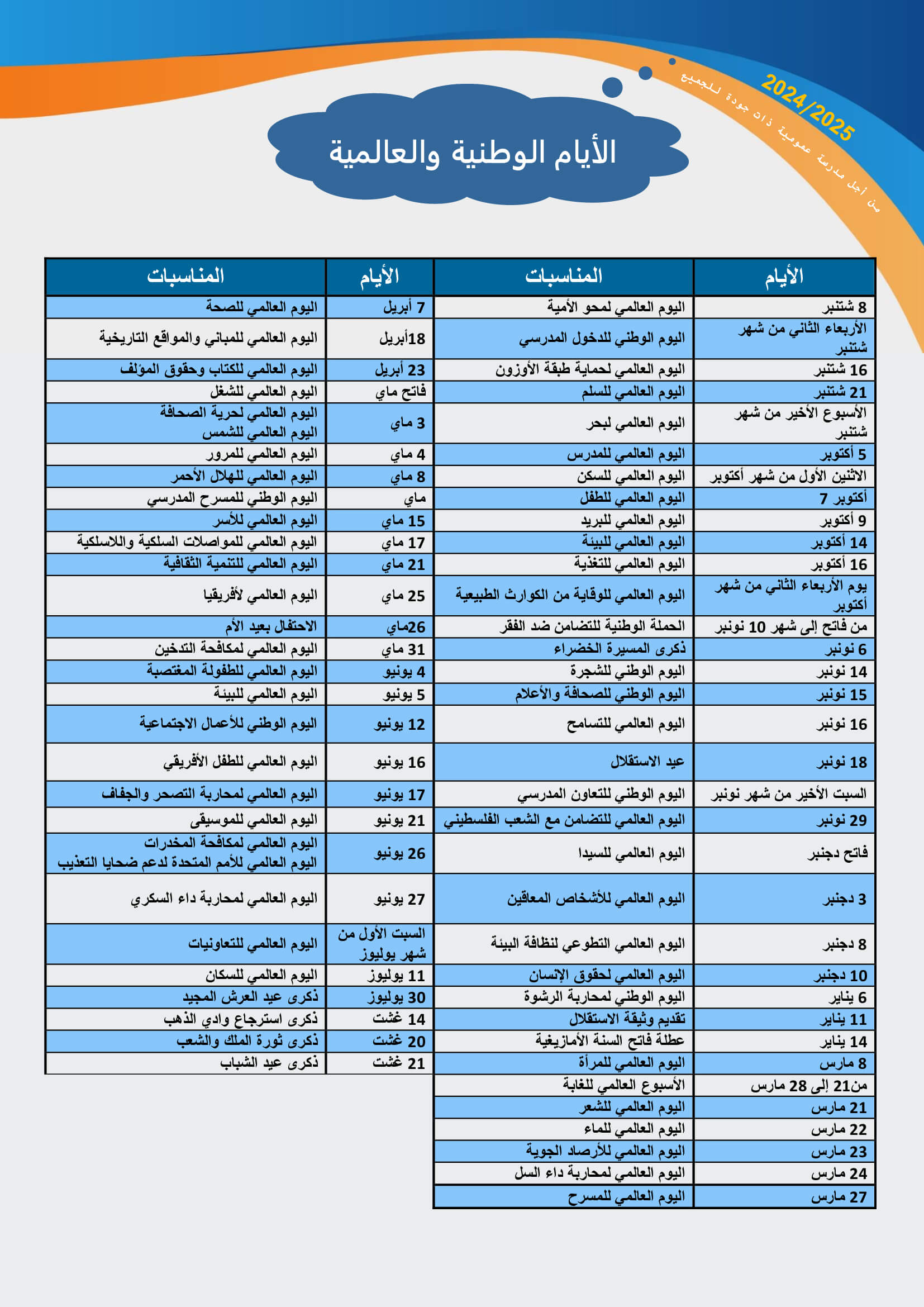 صورة تمثل لائحة الأيام الوطنية والدولية